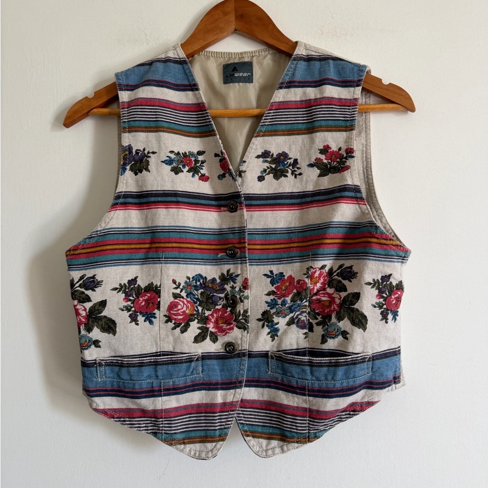 Vintage LizWear Petite Floral Linen Blend Button Down Vest size Small
